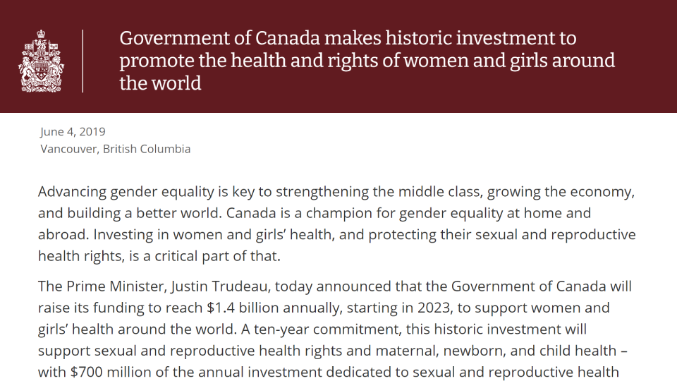 Government of Canada makes historic investment to promote the health and rights of women and girls around the world